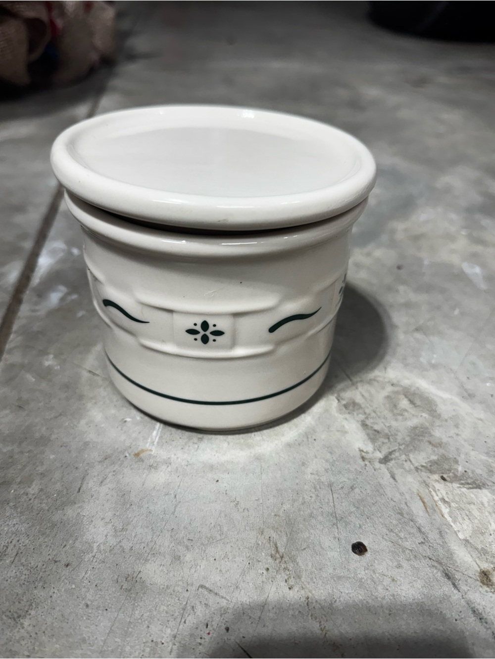Longaberger White Ceramic Storage Jar with Green Accent